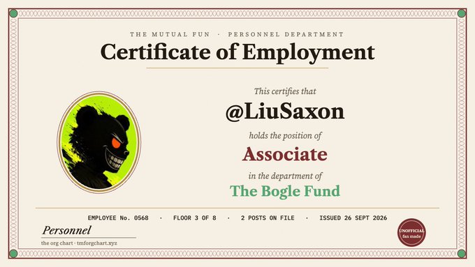 A Certificate of Employment from 'The Mutual Fun Personnel Department' certifying @LiuSaxon as an Associate in the department of 'The Bogle Fund,' Employee No. 0568, issued 26 Sept 2026.