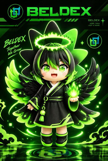 A chibi-style anime character with green hair, angel wings, and a glowing green halo stands beneath the "BELDEX" logo, with the tagline "BELDEX Together We Grow" and "MORE THAN JUST A NAME" displayed in green neon styling.
