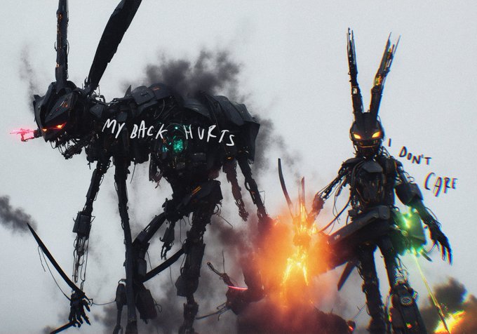 A dark sci-fi digital artwork showing two menacing robotic figures with glowing eyes, with the handwritten text 'MY BACK HURTS' and 'I DON'T CARE' between them.