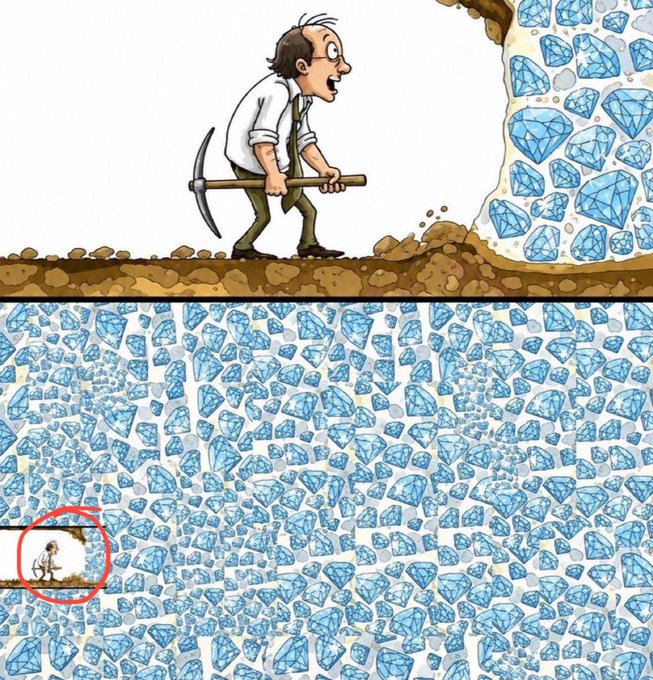 Cartoon illustration of a miner with a pickaxe digging through brown soil to reveal an enormous vein of blue diamonds, with a small red circle highlighting a tiny figure of the miner in the lower left.