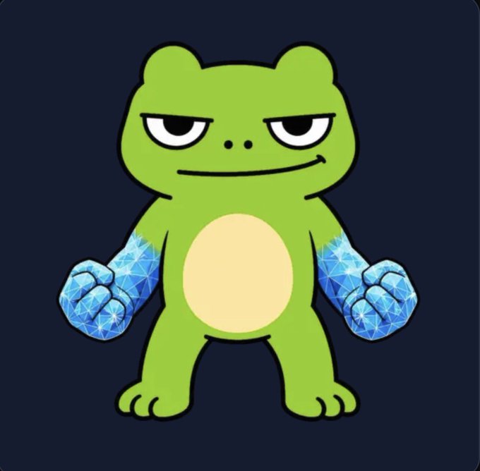 A green cartoon character with a smug expression stands against a dark blue background, wearing crystalline blue, icy-looking gloves or fists.