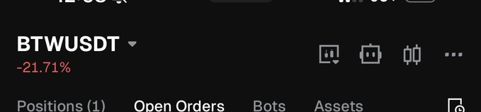 A crypto trading interface showing the BTWUSDT trading pair down -21.71%, with tabs for Positions (1), Open Orders, Bots, and Assets.
