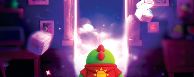 A vibrant illustration from the game Brawl Stars featuring a green character with a red crest facing a glowing portal of light and clouds, with floating boxes around the doorway.