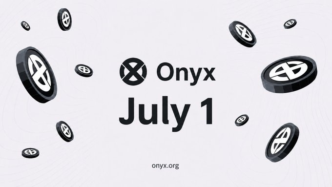 The image features a poster with a white background, black text, and black circles scattered throughout. The poster displays the words "ONYX" and "July 1", along with an x symbol. The text "There'S a new era for $XCN coming." is also present on the poster.
