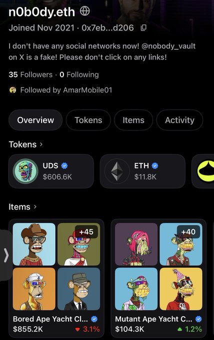 Profile page for n0b0dy.eth showing joined date Nov 2021, warning about fake social networks, and Items featuring Bored Ape Yacht Club and Mutant Ape Yacht Club NFTs.