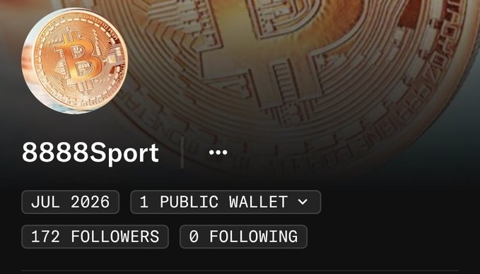 A social media profile page or wallet interface for '8888Sport' featuring a Bitcoin coin image, showing 'JUL 2026', '1 PUBLIC WALLET', '172 FOLLOWERS', and '0 FOLLOWING'.
