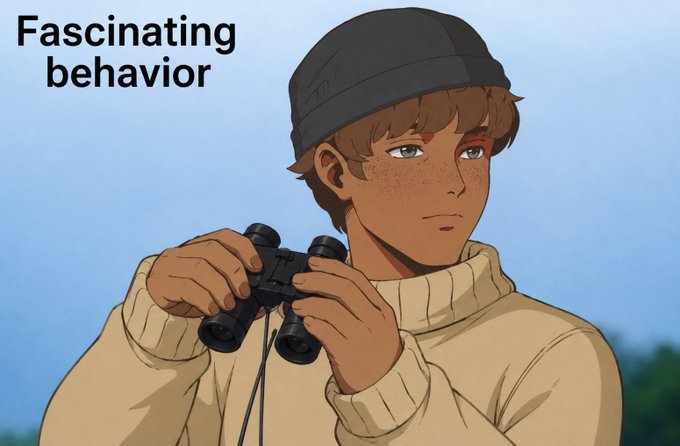 An anime-style illustration of a young man with freckles and a beanie holding binoculars, with the text "Fascinating behavior" in the top left, humorously suggesting the post's observation about crypto projects struggling to build stickiness—that users only return for points or airdrops rather than genuine value—is a predictable pattern worth watching through binoculars.