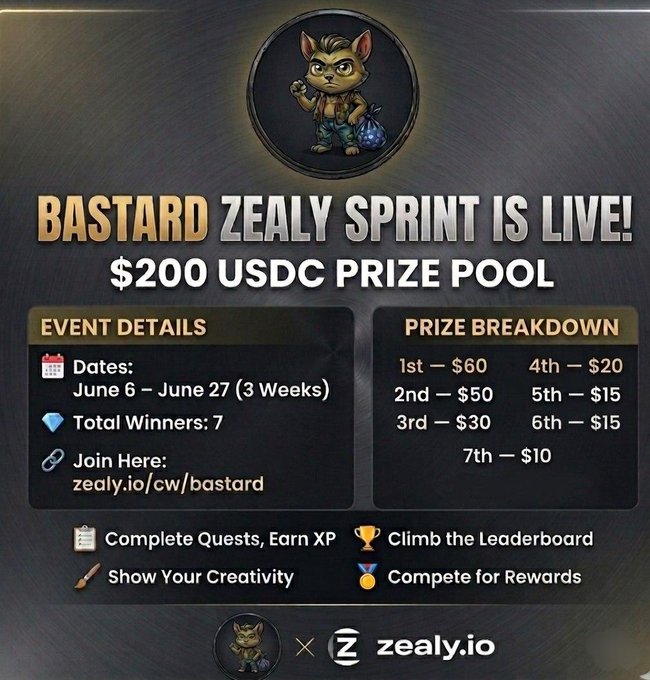 The image features an advertisement for a prize pool that allows participants to earn XP by completing various challenges and raids within the game "Zealy Sprint". The poster includes information about the Prize Pool, including its rules, payment structure, and the rewards available to those who win. It also highlights the fact that this event is open to both gamers and non-gamers to participate in. The design of the poster has a cartoon character resembling a cat, which adds a fun and engaging aspect to the advertisement.