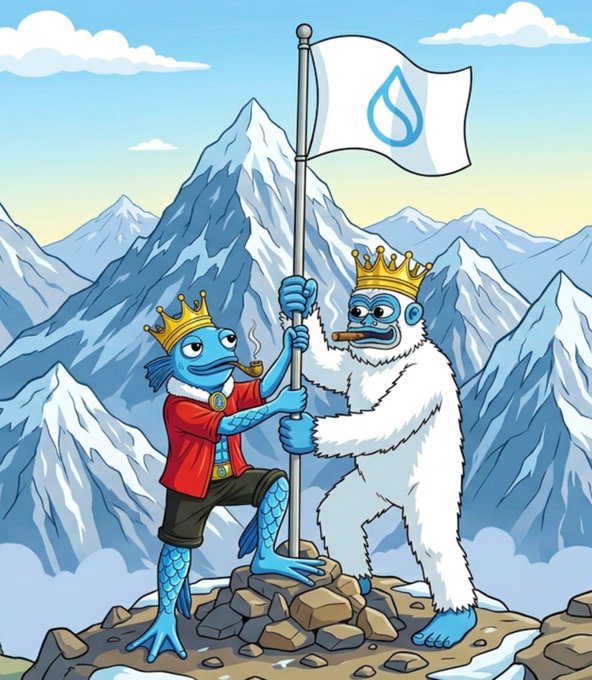 A digital illustration of two crowned creatures—a blue fish-like humanoid smoking a pipe and a white yeti—planting a flag on a snowy mountain peak.