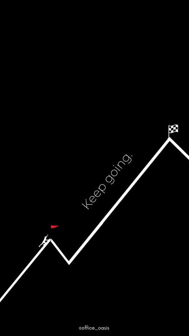 A minimalist line drawing of a mountain with a flag at the top and a small climber, labeled 'Keep going.' with the handle @office_oasis.