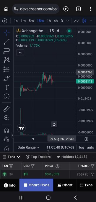 A mobile screenshot of the DexScreener BNB Smart Chain trading interface displays a candlestick chart for the XchangetheWorld token (visible at the top, though truncated as "Xchangethe...") trading at $0.0003119 with a market cap reference, accompanied by an order book showing a recent $11 transaction at $0.0003119 from trader 7B6b7aB, and a trade volume of 1.175K—visually illustrating the token that "rose to 470K MC this morning and got listed on Binance Stock" as mentioned in the post.