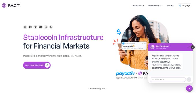 The PACT website homepage displays 'Stablecoin Infrastructure for Financial Markets' with a chatbot in the corner and an image of a woman using a payment app.