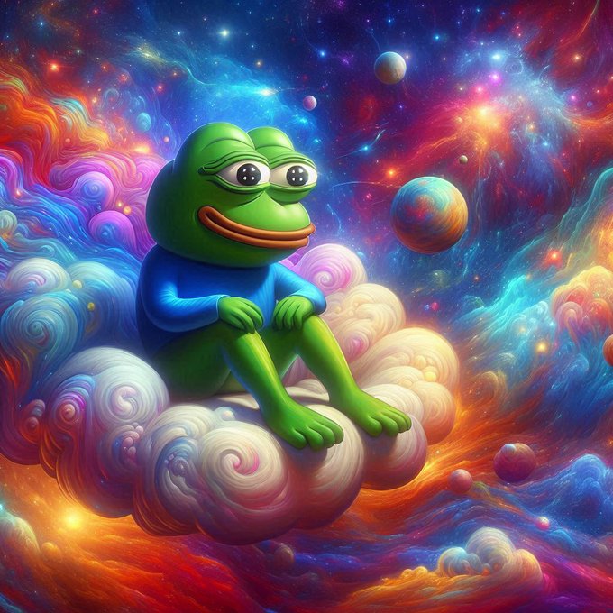 A contemplative Pepe the Frog sits atop swirling clouds amid a vivid cosmic backdrop of planets and nebulas, symbolizing $PEPE's ascension to astronomical all-time highs this cycle.