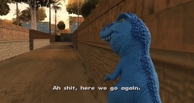 A 3D animated blue dinosaur character standing in a GTA-style alleyway with the subtitle 'Ah shit, here we go again.'