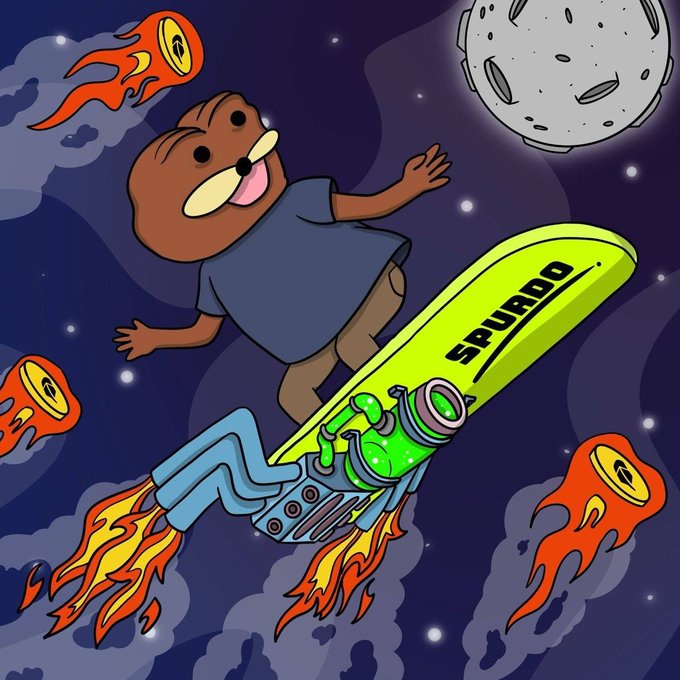 A cartoon illustration of a beaver riding a rocket ship labeled 'SPURDO' through outer space with flames, fire meteors, and the moon.