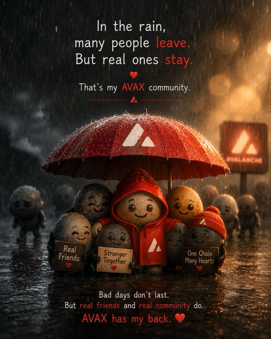 An AVAX (Avalanche) cryptocurrency community poster featuring cartoon characters huddled under a red umbrella in the rain with the message 'In the rain, many people leave. But real ones stay. That's my AVAX community.'