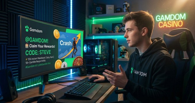 A young man in a Gamdom-branded hoodie sits at a gaming setup featuring a neon "GAMDOM CASINO" sign, with his monitor displaying a promotional graphic that reads "@GAMDOM! Claim Your Rewards! CODE: STEVE" alongside a "Crash" game image and Bitcoin/raffle bonus details, directly promoting the gamdom #1 code mentioned in the post.