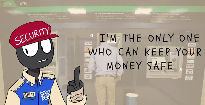 A cartoon security guard named "BALD" wearing a red "SECURITY" hat points at a man using an ATM, with the bold caption "I'M THE ONLY ONE WHO CAN KEEP YOUR MONEY SAFE." The meme humorously uses the guard as a satirical spokesperson for crypto self-custody, suggesting all standard options—hardware wallets, exchanges, hot wallets, and DeFi—are vulnerable to breaches, bankruptcies, or hacks.