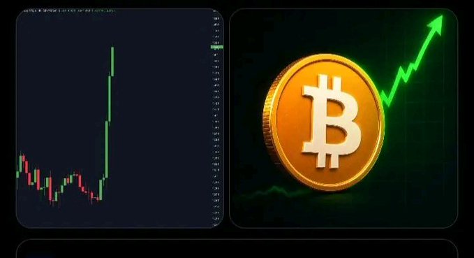 A Bitcoin coin with a green upward trending arrow alongside a candlestick chart showing a dramatic "spike" upward, visually representing the recent $200 billion surge that pushed BTC's market cap back above $1.5 trillion.