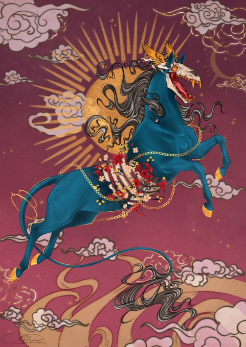 A vibrant illustration of a blue, horse-like creature with horns rearing up against a sun, surrounded by ornate clouds and floral garlands against a magenta background.