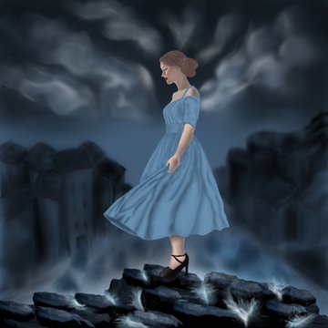 The image features a woman standing on top of a rock, wearing a blue dress with her hair styled in an updo. She appears to be looking down at something below her. The background consists of a dark sky filled with clouds, giving the scene a dramatic and moody atmosphere. There are also some birds flying around the area, adding to the overall sense of movement and energy within the image.