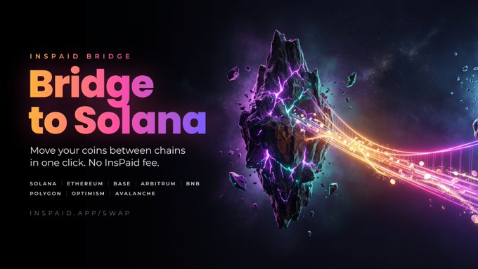 A digital advertisement for 'INSP AID Bridge to Solana' cryptocurrency bridge service, featuring a colorful cosmic design with text 'Move your coins between chains in one click. No InsPaid fee' and listing supported networks including Solana, Ethereum, Base, Arbitrum, BNB, Polygon, Optimism, and Avalanche.
