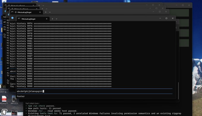 The image shows a Windows Terminal screen displaying a history file with entries like "history 9970" through "history 10000" filled with repeated asterisks, along with a command-line interface showing "abcdefghijklmnopqrst" and a "footer" section listing validation results including "npm run check passes," passed Windows tests, and an existing tools test with 71 passed and 3 unrelated Windows failures. This relates to the post's humorous observation about an AI (referred to as "Sol") trying unsuccessfully to diagnose why Pi is running slowly on Windows, though the terminal activity shown is essentially a stream of placeholder data rather than meaningful debugging.