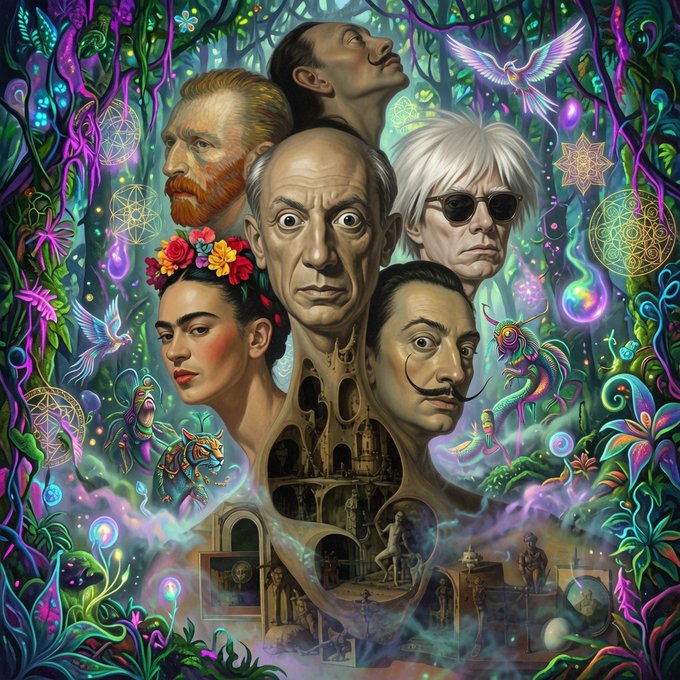 A vibrant, surreal digital illustration featuring a cluster of eccentric faces—including a man with wild eyes at the center—surrounded by lush neon foliage, glowing orbs, and mythical creatures like a chameleon and a white bird.