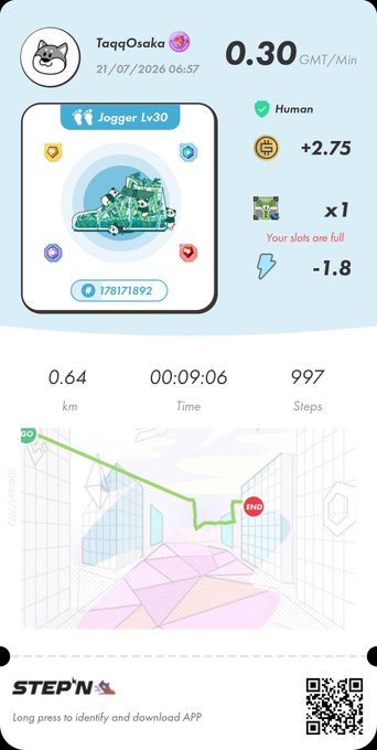 Step'N app screenshot showing user 'TaqqOsaka' earning 0.30 GMT/Min with a green sneaker NFT (Jogger Lv30) and walking stats (0.64 km, 997 steps).
