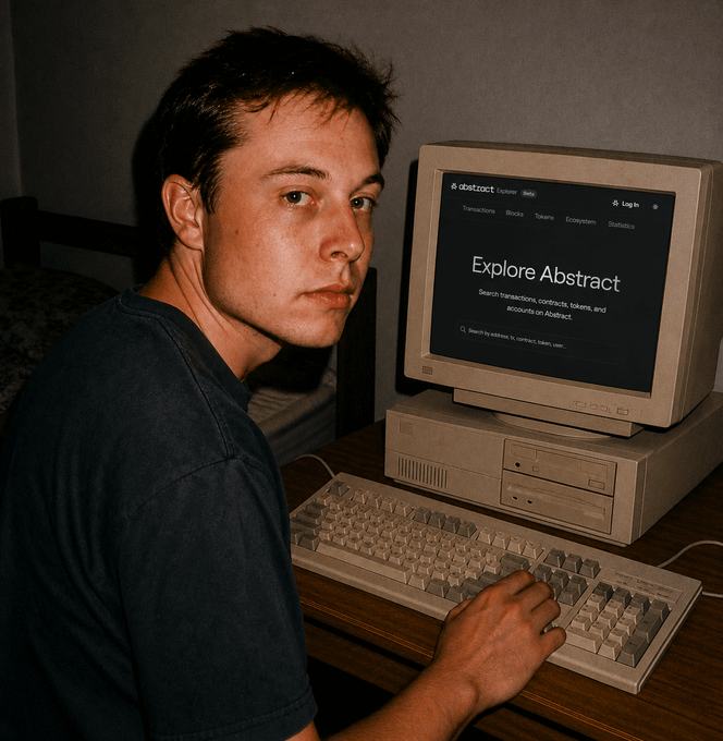 A young man in a dark blue t-shirt sits at a vintage beige desktop computer, looking over his shoulder at the camera while his hand rests on the keyboard. The monitor displays the "Explore Abstract" interface with the tagline "Search transactions, contracts, tokens, and accounts on Abstract" — visually echoing the post's claim that block explorers have been stuck in the past, with the retro hardware serving as a metaphor for outdated explorer experiences that Abstract aims to modernize.