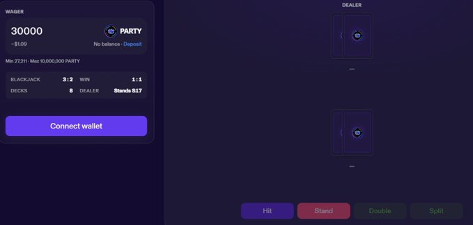 A dark-themed online blackjack game interface shows a wager of 30000, a 'Connect wallet' button, and empty dealer and player card positions with options to Hit, Stand, Double, or Split.