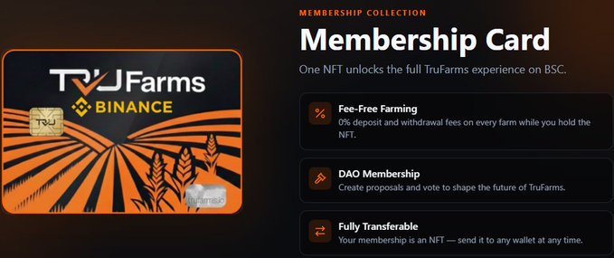 A promotional graphic for a 'TruFarms' Binance membership card NFT, highlighting features like 'Fee-Free Farming,' 'DAO Membership,' and 'Fully Transferable' on the BSC network.