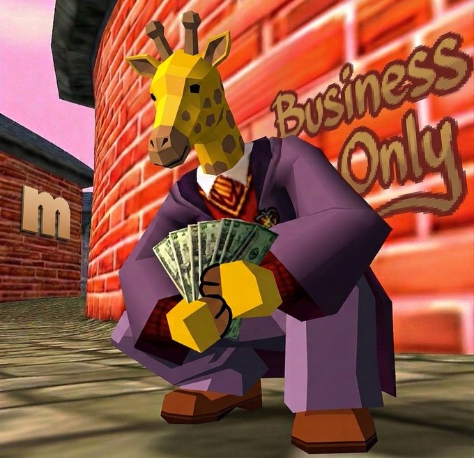 A 3D rendered Giraffe character wearing a purple robe and holding a fan of cash, with graffiti text reading "Business Only" on a brick wall behind it.