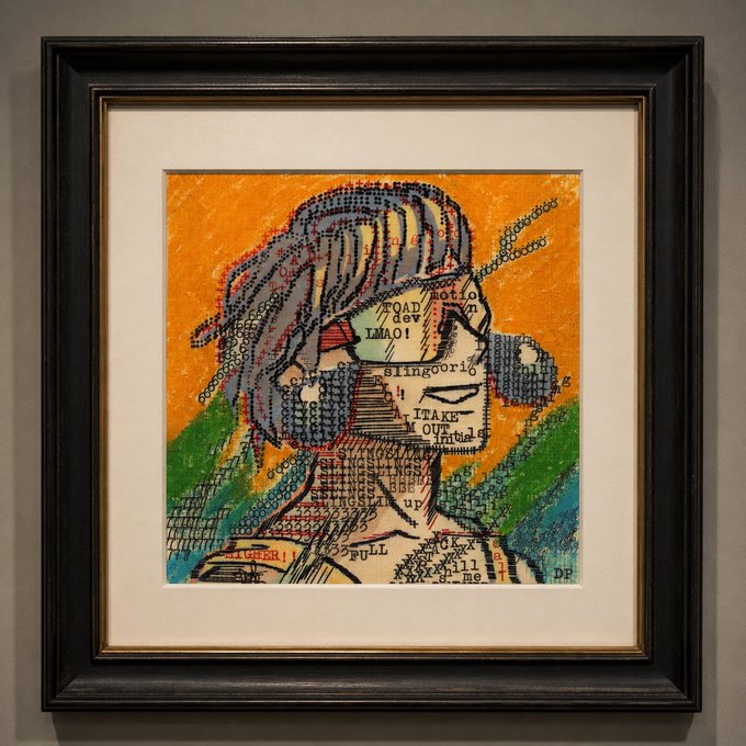 A framed mixed-media artwork depicting a portrait composed of text, numbers, and cross-stitch patterns against an orange and green background.