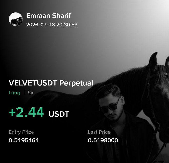 A trading screenshot from Emraan Sharif dated 2026-07-18 showing a long 5x position on VELVETUSDT Perpetual with a +2.44 USDT gain, entry price 0.5195464 and last price 0.5198000, against a stylized image of a man with a horse.