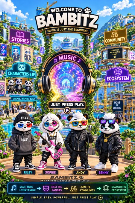 A promotional poster for 'BAMBITZ' with the tagline 'MUSIC IS JUST THE BEGINNING.', featuring four panda characters named Riley, Sophie, Andy, and Benny, and sections for STORIES, CHARACTERS & IP, COMMUNITY, and ECOSYSTEM.