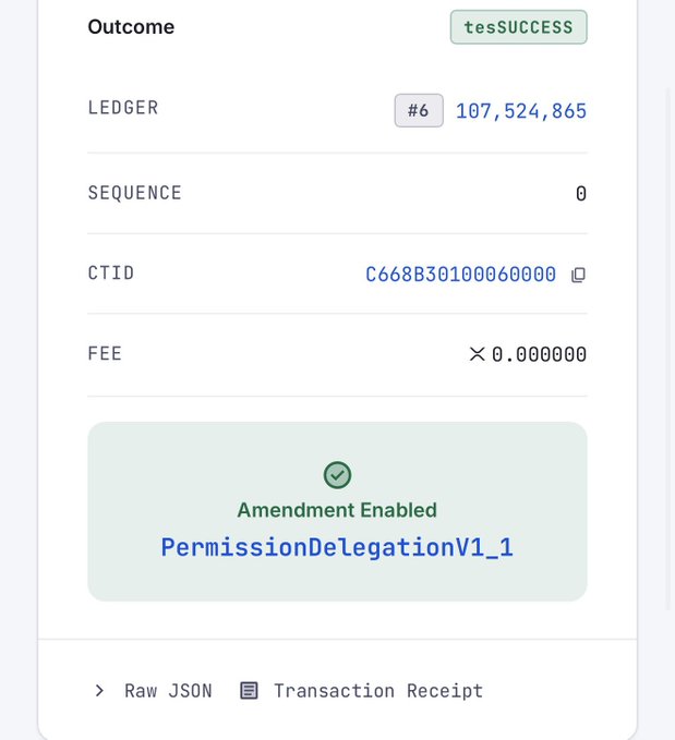 A screenshot of a successful XRP Ledger transaction showing Outcome "tesSUCCESS" on Ledger #6 with sequence 0, fee 0.000000 XRP, and a green checkmark indicating "Amendment Enabled: PermissionDelegationV1_1," visually confirming the post's announcement that the Permission Delegation amendment has gone live on the XRPL.