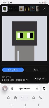 A screenshot of a mobile browser navigating opensSea.io displaying a pixel-art gray "Vrnouns" character NFT, alongside a reply to @OmerSiranli celebrating the acquisition of one of the most beautiful color combos and asking how Vrnouns was discovered.