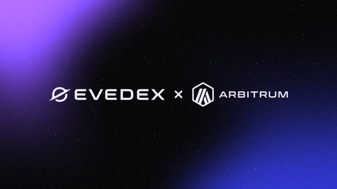 The image displays a partnership announcement graphic featuring the logos of "EVEDEX" and "ARBITRUM" side by side with an "x" between them, set against a dark cosmic background with purple and blue gradient lighting. This visually represents the caption's mention of EVEDEX joining the Arbitrum ecosystem, highlighting the collaboration between the two platforms.