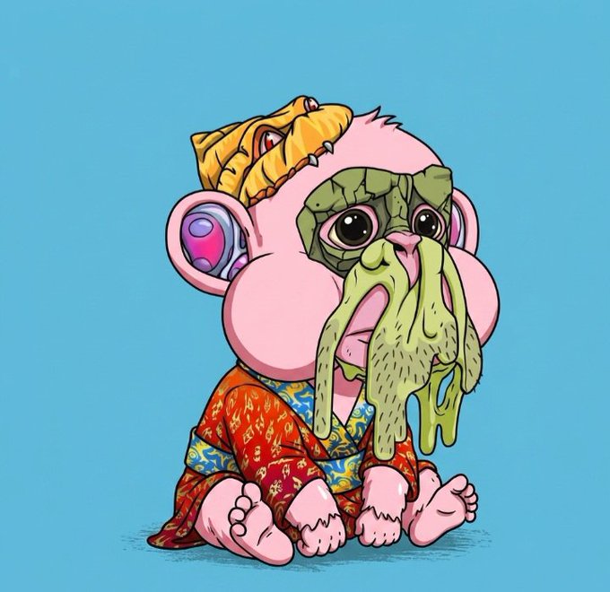A cartoon NFT-style illustration of a pink monkey-like creature wearing a robe, with a Cthulhu-inspired tentacled face and a small yellow dragon on its head.