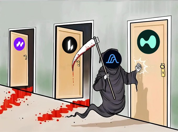 A Grim Reaper figure with the Variational logo on its hood knocks on a door bearing the Hyperliquid (green "H") logo, while behind it trail bloody scythe marks and open doors marked with Maker (MKR) and Ethena logos — symbolizing Variational "killing" competitors including Hyperliquid to dominate the next generation of derivatives architecture beyond traditional orderbooks.