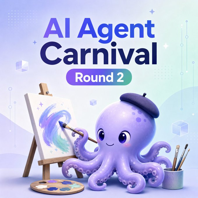 A promotional graphic for 'AI Agent Carnival Round 2' features a cute purple octopus wearing a beret, painting on a canvas with brushes and a palette nearby.