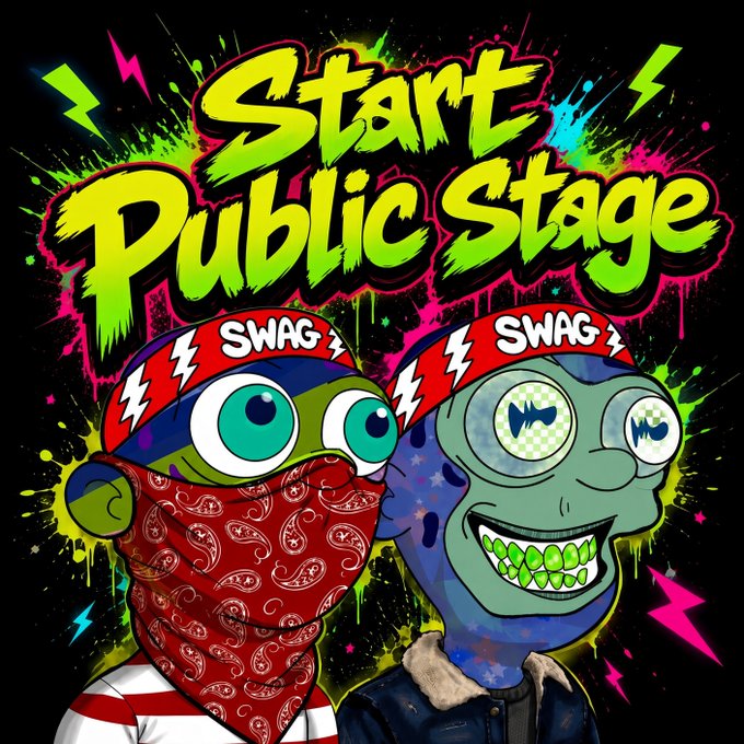 A vibrant graphic featuring two cartoon characters wearing red 'SWAG' caps against a black background with neon paint splatters, displaying the text 'Start Public Stage'.