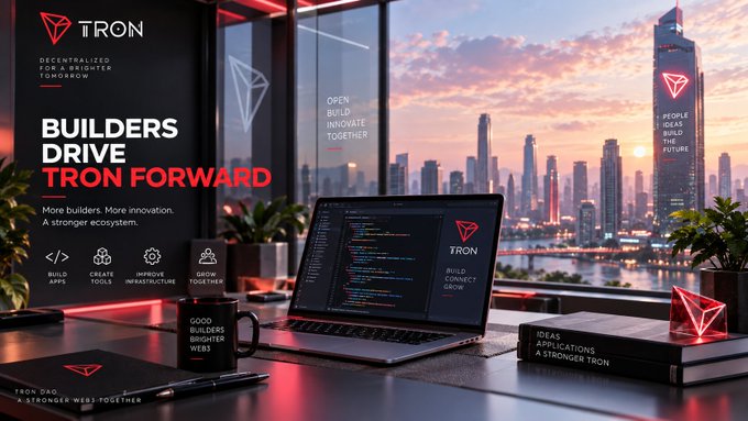 A promotional banner for TRON displaying the tagline 'BUILDERS DRIVE TRON FORWARD' and 'DECENTRALIZED FOR A BRIGHTER TOMORROW', showing a desk setup with a laptop, mug, and crystal with a city skyline at sunset in the background.
