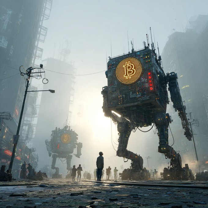 A dystopian sci-fi scene depicting large robotic walkers adorned with Bitcoin logos and 'B T C' text marching through a foggy, ruined urban landscape with silhouetted figures watching.