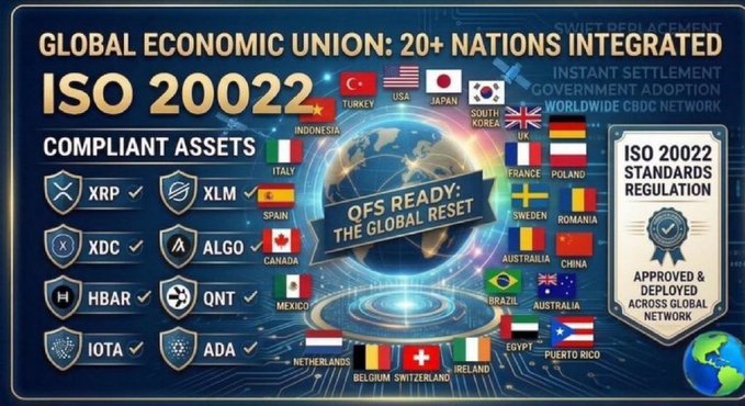 An infographic titled 'GLOBAL ECONOMIC UNION: 20+ NATIONS INTEGRATED ISO 20022' showing compliant cryptocurrency assets like XRP, XLM, XDC, ALGO, HBAR, QNT, IOTA, and ADA with flags from various countries.