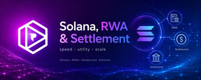 A dark purple tech banner featuring the Solana logo alongside the headline "Solana, RWA & Settlement — speed • utility • scale," with icons representing RWA, Stablecoins, and Settlement connected to the Solana emblem, visually reinforcing the post's emphasis on Solana's expanding role in tokenized assets, stablecoins, and real-world settlement infrastructure. Hashtags #Solana, #RWA, #Stablecoins, and #Onchain appear at the bottom.
