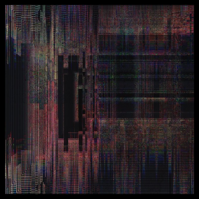 Abstract digital artwork or glitch image with intricate patterns of vertical and horizontal lines in red, blue, green, and black tones.
