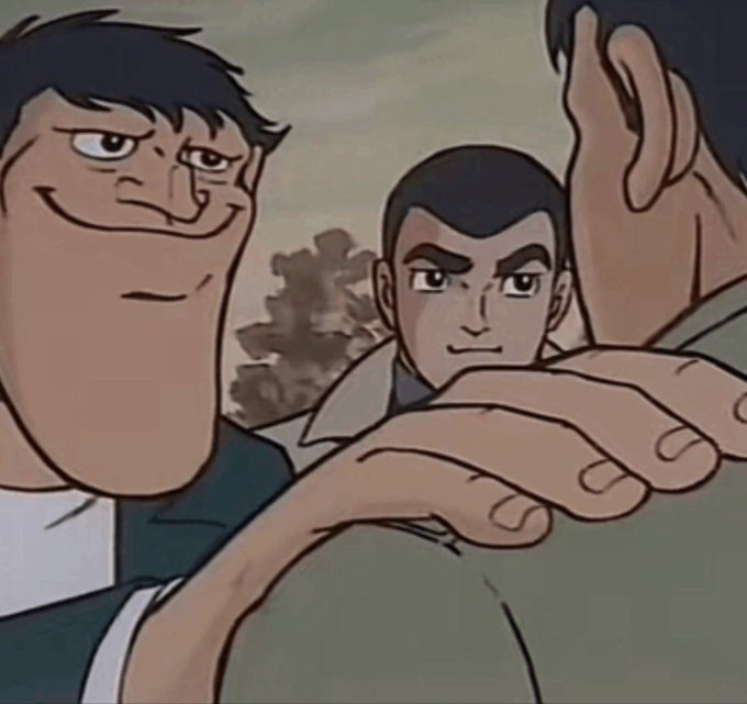 An animated scene shows three male characters, with a smiling man in the foreground and a serious-looking man in a green jacket behind him, with a large hand reaching across the frame.