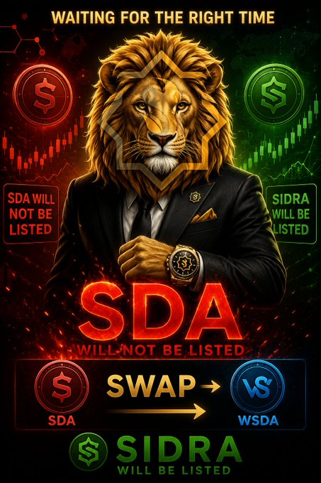 The image features a lion-headed figure in a suit with the headline "WAITING FOR THE RIGHT TIME," displaying text stating "SDA WILL NOT BE LISTED" and "SIDRA WILL BE LISTED," along with a swap diagram showing "SDA → WSDA" and the #SidraChain / #SIDRA branding. The graphic visually reinforces the post's claim that the SDA token will not be listed and instead must be swapped to WSDA, while SIDRA is the token that will be officially listed.